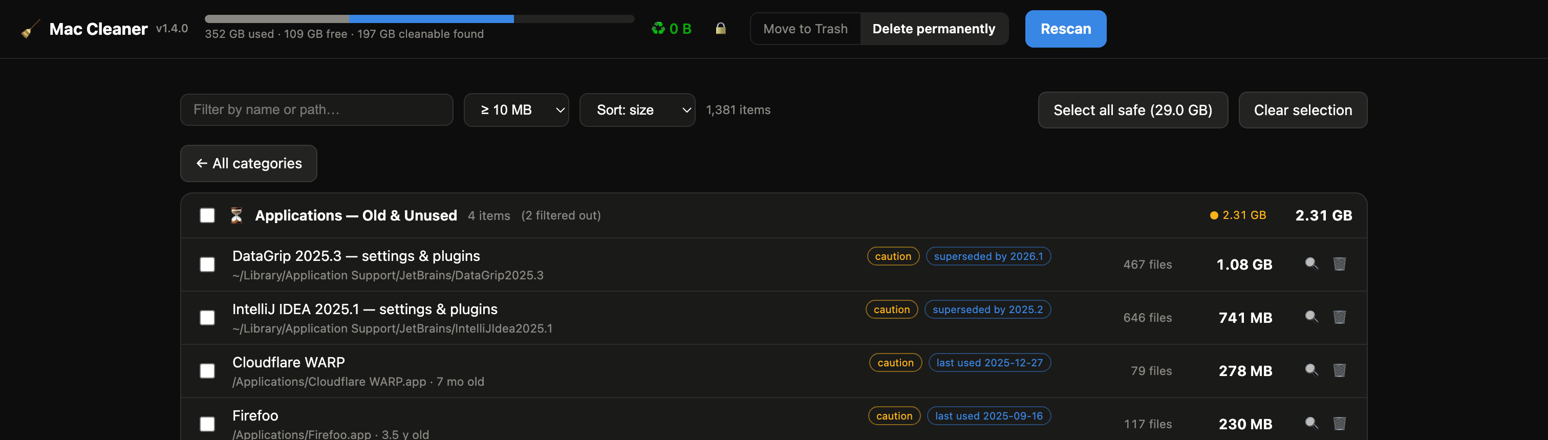 Applications view: apps unused for months and superseded IDE version folders with 'superseded by' badges