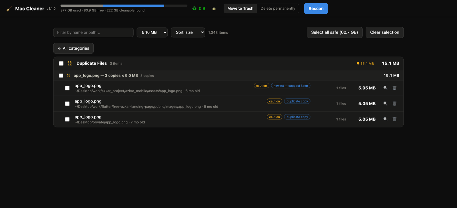 Duplicate Files view: a set of 3 identical copies with the newest marked 'suggest keep'