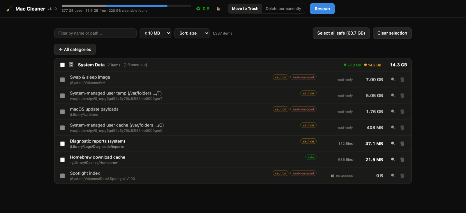 System Data drill-down: swap, update payloads and system caches shown read-only with safety badges